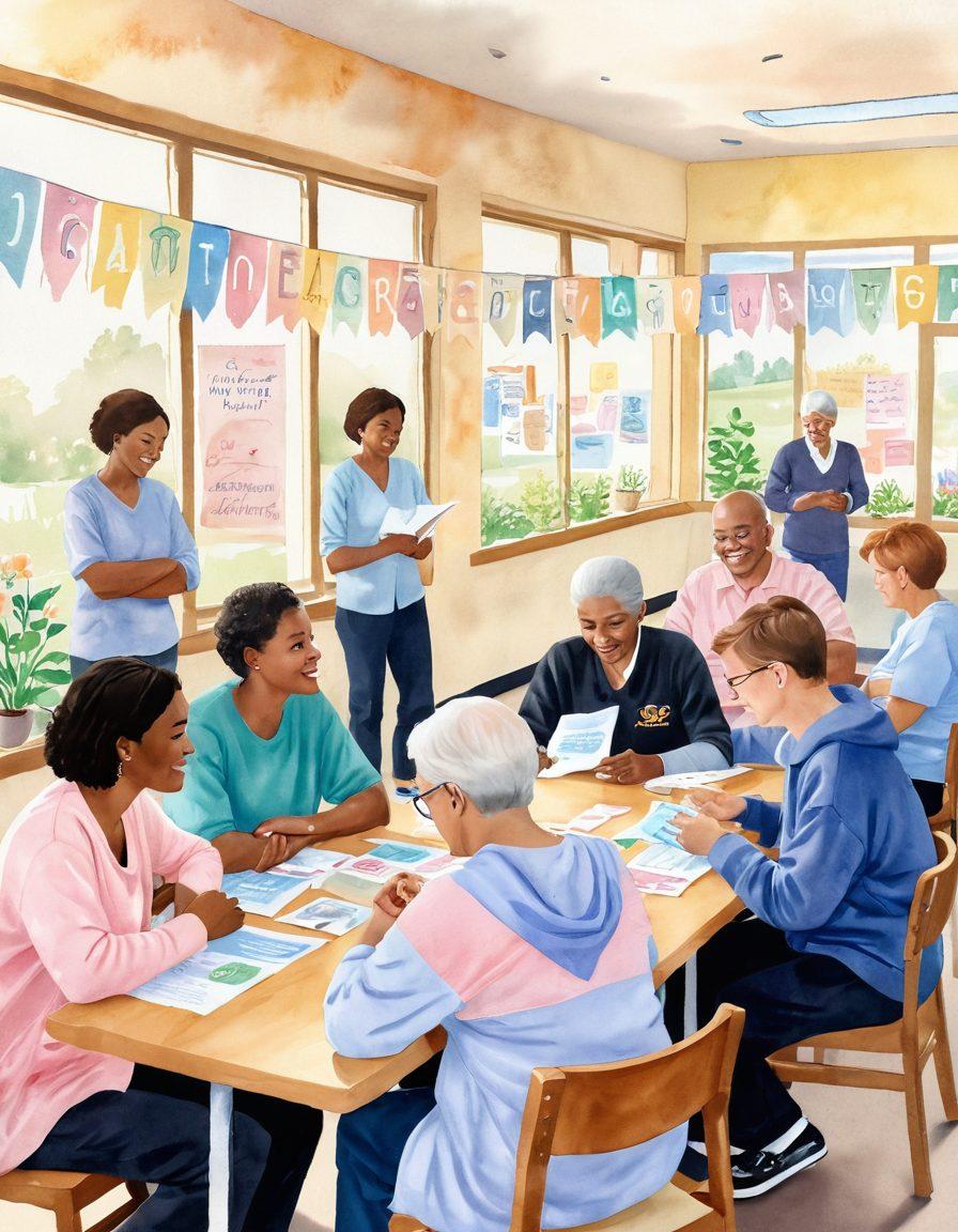 A warm and inviting scene depicting diverse individuals gathered in a community center, surrounded by supportive banners and informational pamphlets about cancer care. Highlight their interactions - comforting hugs, engaged conversations, and shared smiles. Include subtle elements like a cancer ribbon symbol and plants for a nurturing environment. soft lighting, pastel colors. watercolor style.
