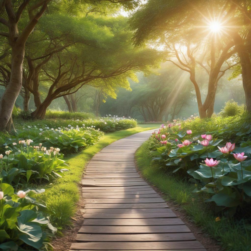 A serene landscape featuring a winding path through a lush green park, symbolizing a journey towards hope and wellness. Along the path, diverse individuals of different ages and backgrounds are engaging in various holistic practices, such as yoga, meditation, and reading. Sunlight filters through the trees, casting soft glows, while wellness symbols like ribbons and lotus flowers subtly decorate the scene. The composition radiates positivity and empowerment. vibrant colors. super-realistic.