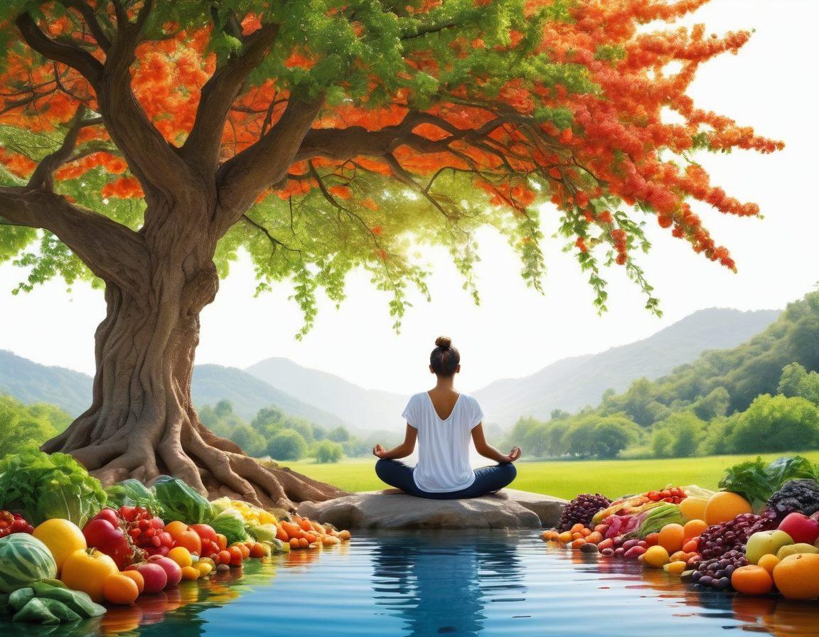 A serene landscape depicting a person meditating under a blooming tree, surrounded by vibrant fruits and vegetables symbolizing nutrition. In the background, soft, flowing water represents mental healing, with a faint silhouette of a supportive community in the distance. The colors should be calming with a blend of greens and warm earthy tones. Illustrate a sense of balance and peace in the journey of wellness. super-realistic. vibrant colors. white background.